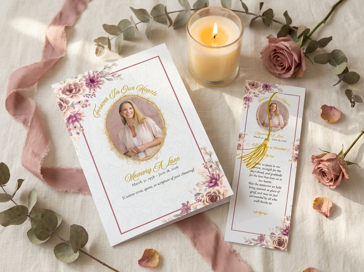Solace Design Studio memorial program and matching bookmark prayer card styled on ivory linen with a lit candle, dusty rose ribbon, and dried florals